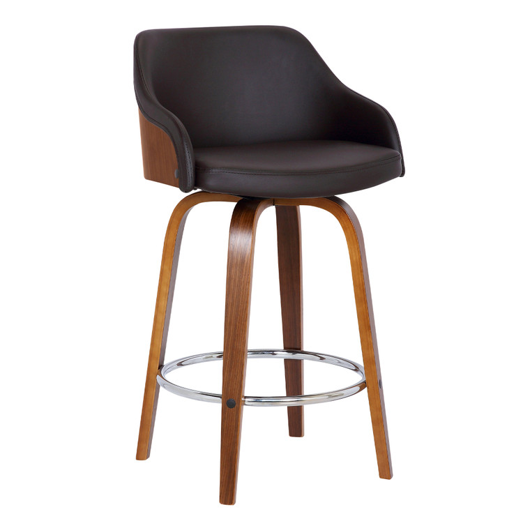 Alec Contemporary 30" Bar Height Swivel Barstool In Walnut Wood Finish And Brown Faux Leather LCAEBAWABR30 By Armen