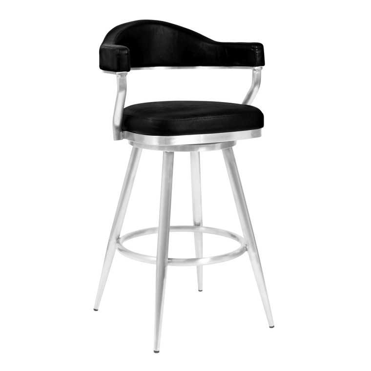 Justin 30" Bar Height Barstool In Brushed Stainless Steel And Vintage Black Faux Leather LCJTBABSVB30 By Armen
