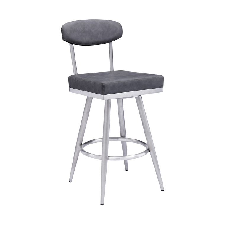 Evan Contemporary 26" Counter Height Barstool In Brushed Stainless Steel Finish And Vintage Grey Faux Leather LCEVBABSVG26 By Armen