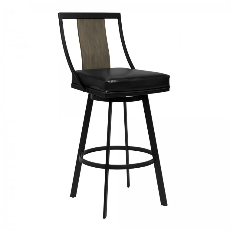 Easton 30" Bar Height Barstool In Matte Black Finish With Vintage Black Faux Leather And Grey Walnut LCETBAMBGWVB30 By Armen