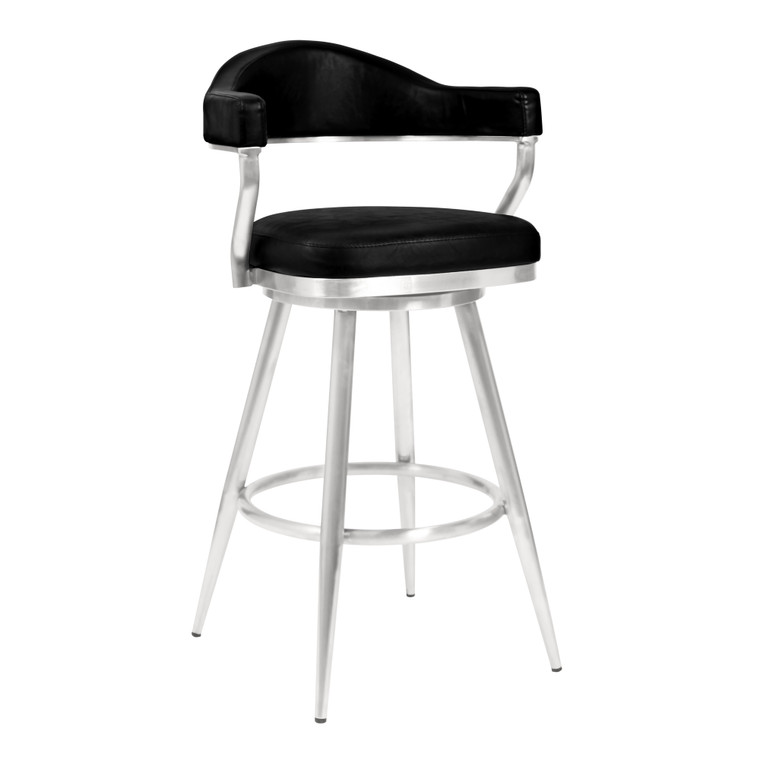 Amador 30" Bar Height Barstool In Brushed Stainless Steel And Vintage Black Faux Leather 721535747030 By Armen