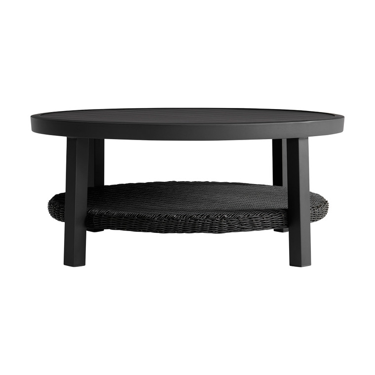 Cayman Black Aluminum Outdoor Round Conversation Table With Wicker Shelf LCODCMCOBL By Armen