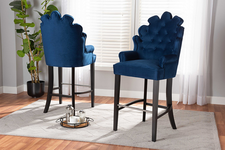 Baxton Studio Chloe Modern And Contemporary Navy Blue Velvet Upholstered And Dark Brown Finished Wood 2-Piece Bar Stool Set BBT5408B-Navy Blue Velvet/Wenge-BS