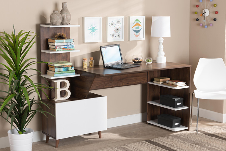 Baxton Studio Tobias Mid-Century Modern Two-Tone White And Walnut Brown Finished Wood Storage Computer Desk With Shelves SESD8012WI-Columbia/White-Desk