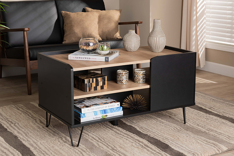 Baxton Studio Lilith Modern And Contemporary Two-Tone Black And Oak Brown Finished Wood And Metal 3-Tier Coffee Table MH2164-Black/Oak-CT