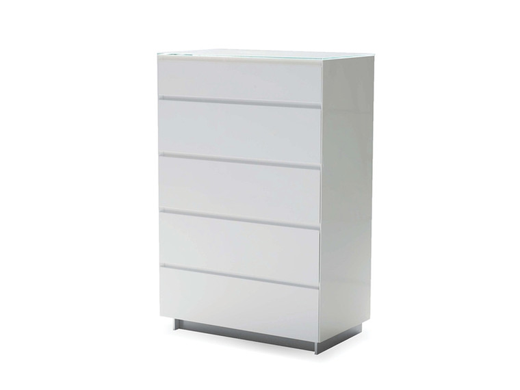 Mobital 5-Drawer Chest Savvy High Gloss White-Crystal White Glass Top
