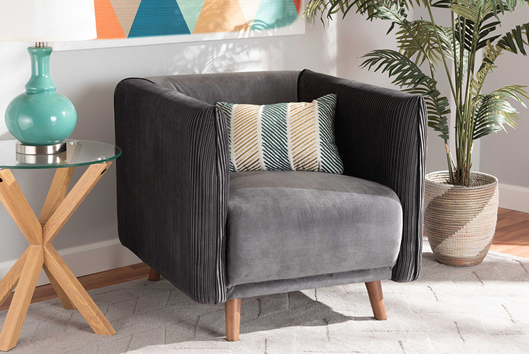Baxton Studio Beacher Modern And Contemporary Grey Velvet Fabric Upholstered And Walnut Brown Finished Wood Armchair RDS-S0020-1S-Grey Velvet/Walnut-CC