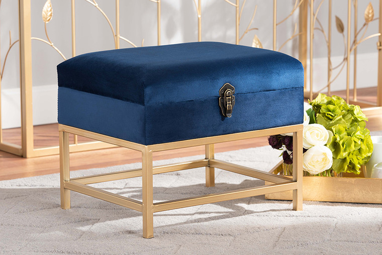 Baxton Studio Aliana Glam And Luxe Navy Blue Velvet Fabric Upholstered And Gold Finished Metal Small Storage Ottoman JY19B-051S-Navy Blue Velvet/Gold-Otto