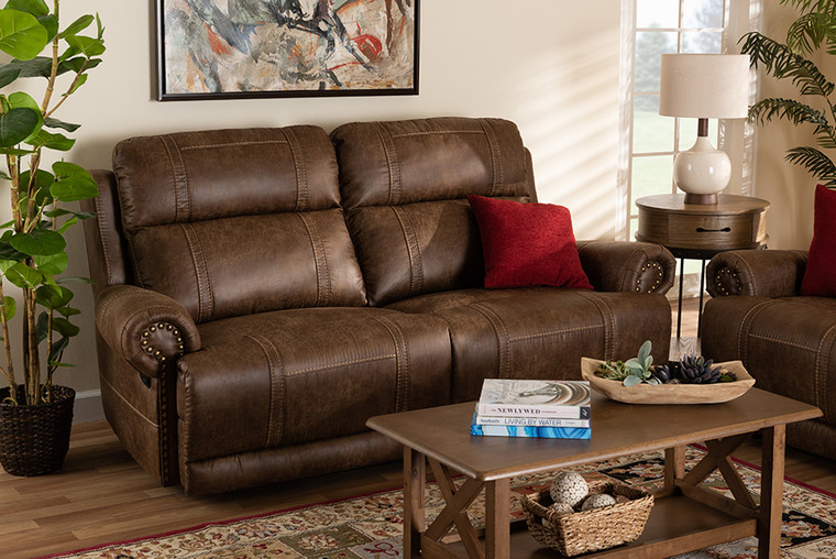 Baxton Studio Buckley Modern And Contemporary Light Brown Faux Leather Upholstered 2-Seater Reclining Sofa 7075I53-Light Brown-Sofa