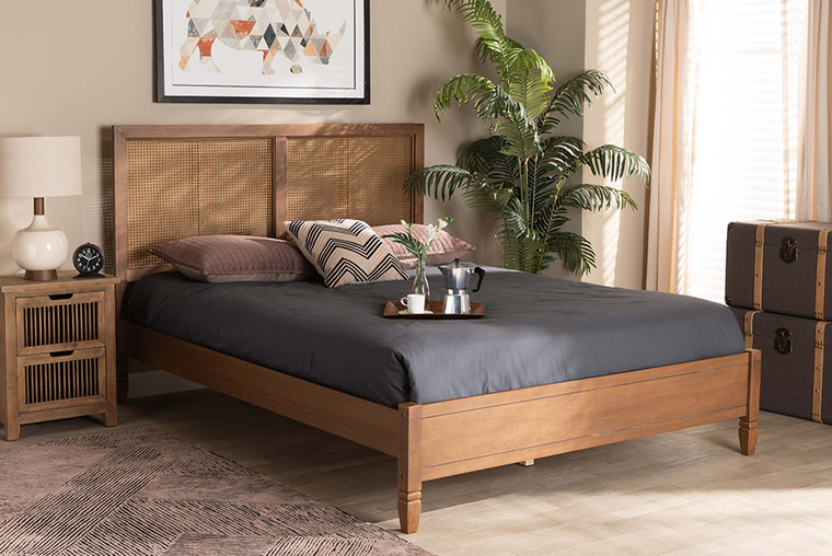 Baxton Studio Redmond Mid-Century Modern Walnut Brown Finished Wood And Synthetic Rattan Queen Size Platform Bed MG-0021-4-Walnut-Queen