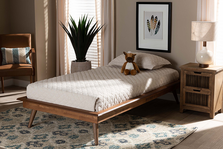 Baxton Studio Karine Mid-Century Modern Walnut Brown Finished Wood Twin Size Platform Bed Frame MG0004-Ash Walnut-Twin-Frame