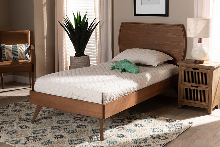 Baxton Studio Aimi Mid-Century Modern Walnut Brown Finished Wood Twin Size Platform Bed Aimi-Ash Walnut-Twin