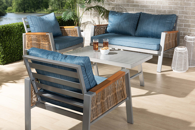 Baxton Studio Nicholson Modern And Contemporary Blue Fabric Upholstered And Grey Finished Metal With Brown Finished Pe Rattan 4-Piece Outdoor Patio Lounge Set MLM-210477-Blue