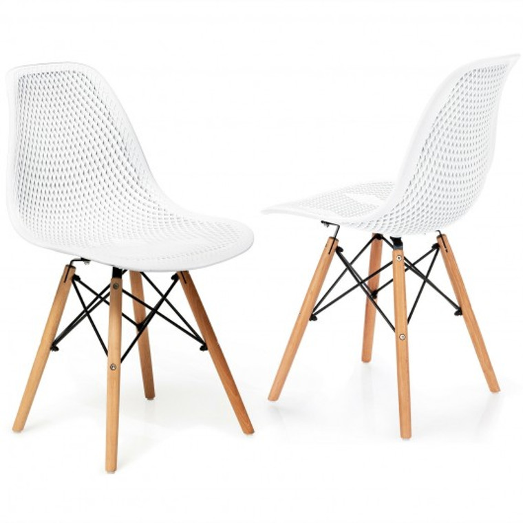 2 Pcs Modern Plastic Hollow Chair Set With Wood Leg-White HW67068WH-2