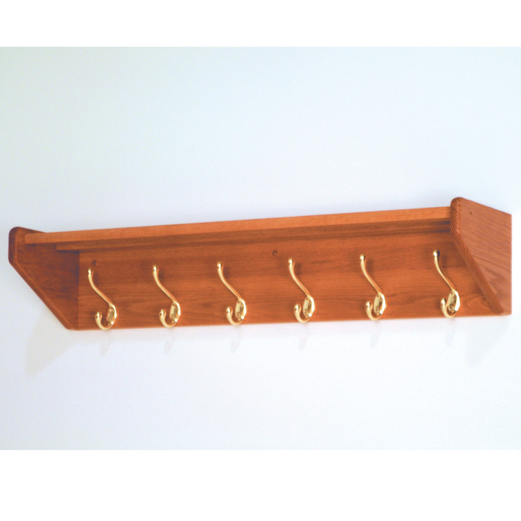 6 Hook Shelf, Brass Hooks, Medium Oak 36HCRMO By Wooden Mallet