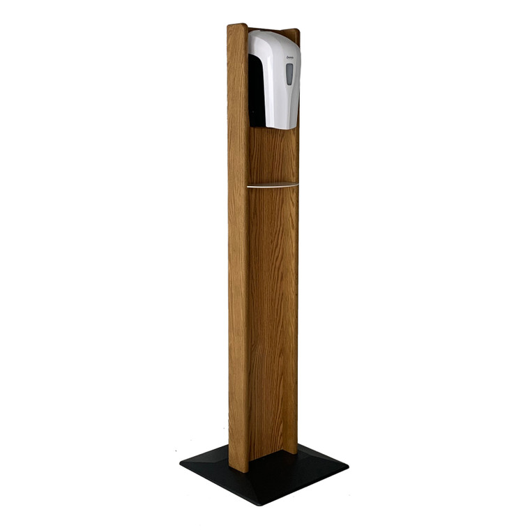 Automatic Touchless Gel Hand Sanitizer Dispenser On Floor Stand, With Drip Catcher, Medium Oak HSS3MO By Wooden Mallet