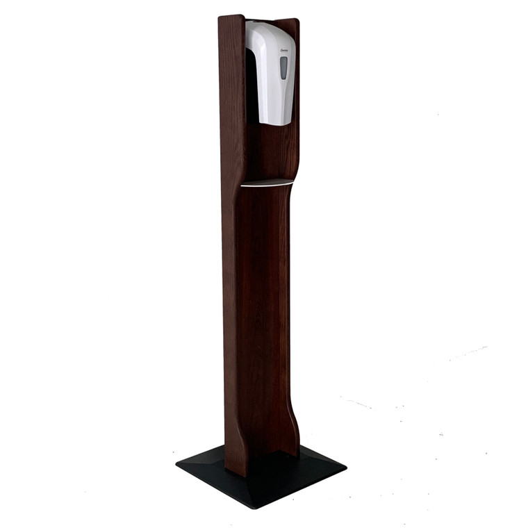 Automatic Touchless Gel Hand Sanitizer Dispenser On Designer Floor Stand, With Drip Catcher, Mahogany HSS4MH By Wooden Mallet