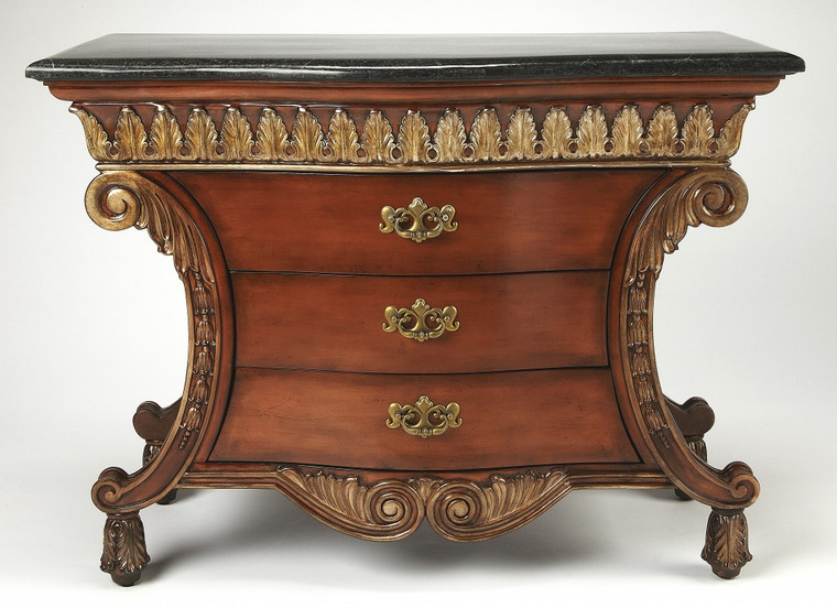 Homeroots Traditional Style Carved Chest With Black Fossil Stone Top 383192