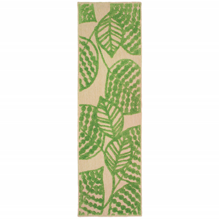 Homeroots 8' Sand And Lime Green Leaves Indoor Outdoor Runner Rug 384342