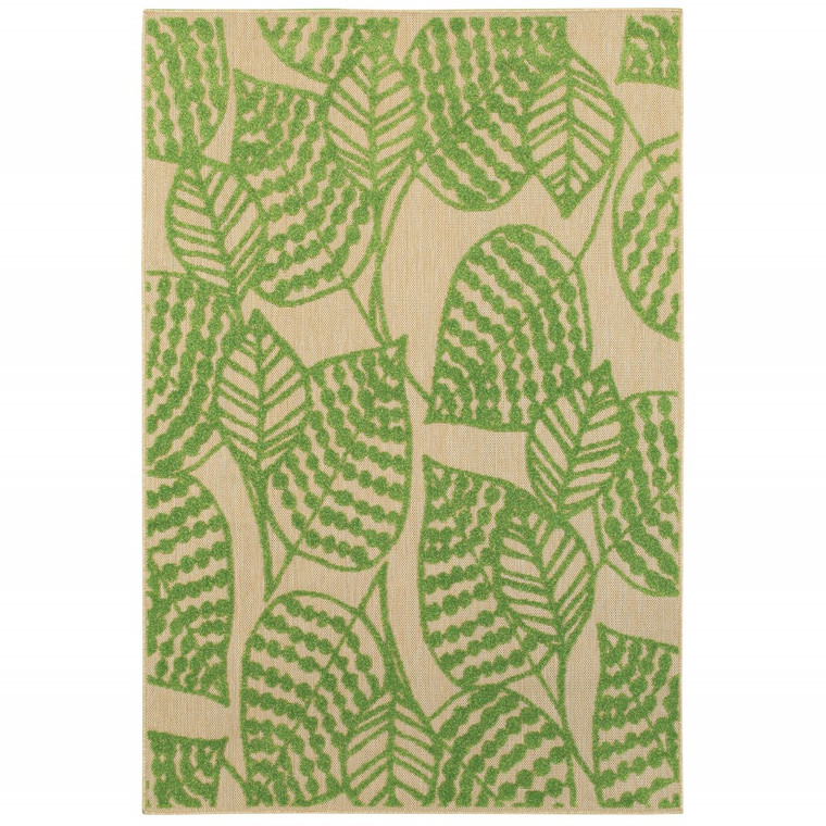 Homeroots 3' X 6' Sand And Lime Green Leaves Indoor Outdoor Area Rug 384343