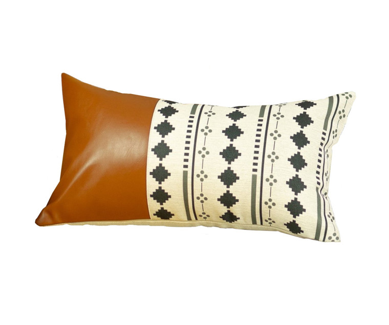 Homeroots Geometric Patterns And Brown Faux Leather Lumbar Pillow Cover 386777