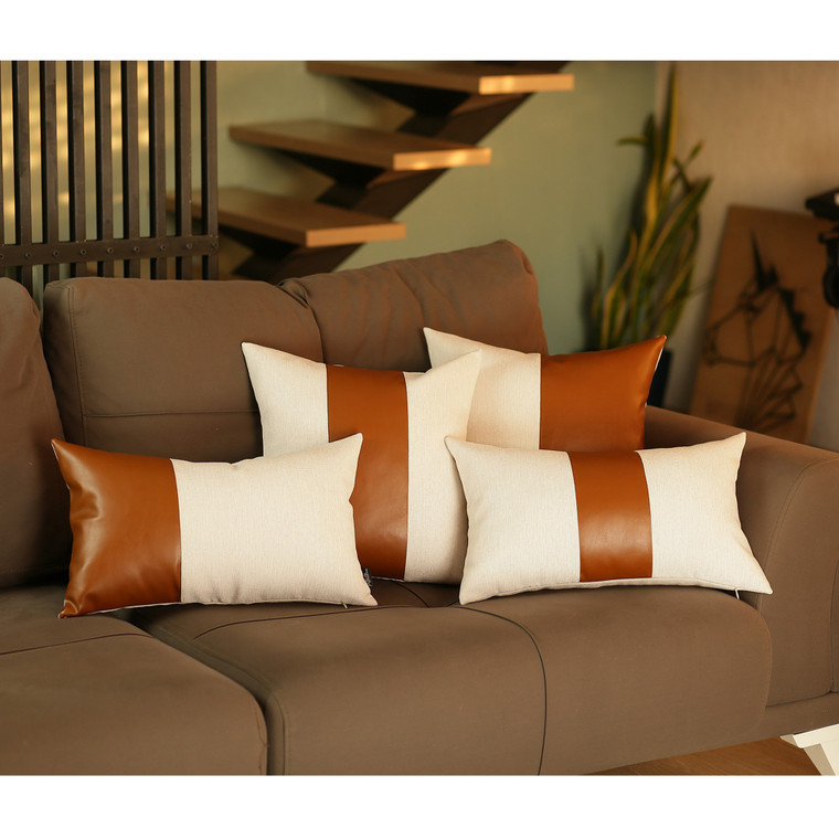 Homeroots White And Brown Faux Leather Lumbar Decorative Pillow Cover 386793