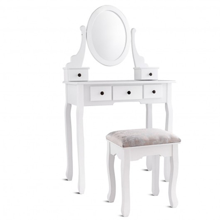 Dressing Table Set with Oval Mirror Stool and 5 Storage Drawers HW66024WH