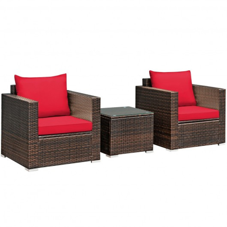 3 Piece Patio Conversation Rattan Furniture Set with Cushion-Red HW66531RE+