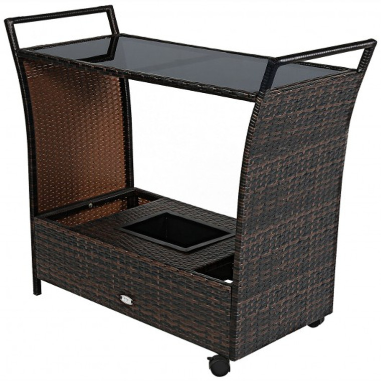 Patio Rattan Bar Serving Cart with Glass Top and Handle HW67182