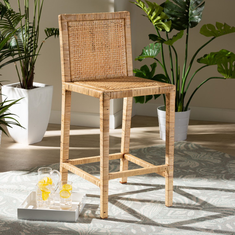 Baxton Studio Sofia Modern And Contemporary Natural Finished Wood And Rattan Counter Stool Sofia-Natural-CS