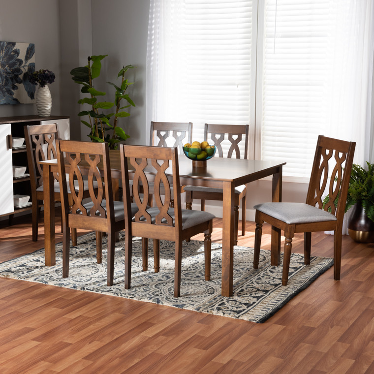 Baxton Studio Cherese Modern And Contemporary Grey Fabric Upholstered And Walnut Brown Finished Wood 7-Piece Dining Set RH334C-Grey/Walnut-7PC Dining Set