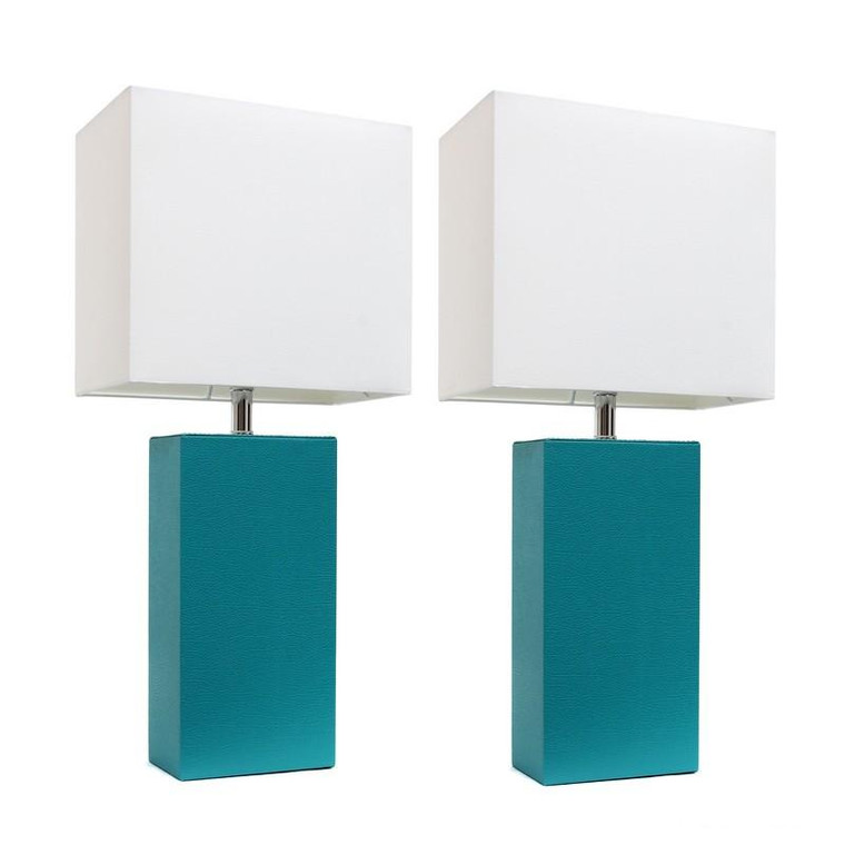 2 Pack Modern Leather Table Lamps w/White Shades, Teal LC2000-TEL-2PK