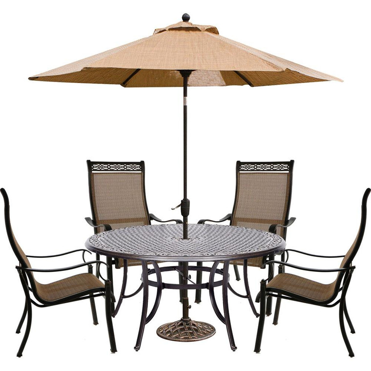 Manor 5 Piece (4 Sling Dining Chairs, 60" Round Cast Table, Umbrella, Base)
