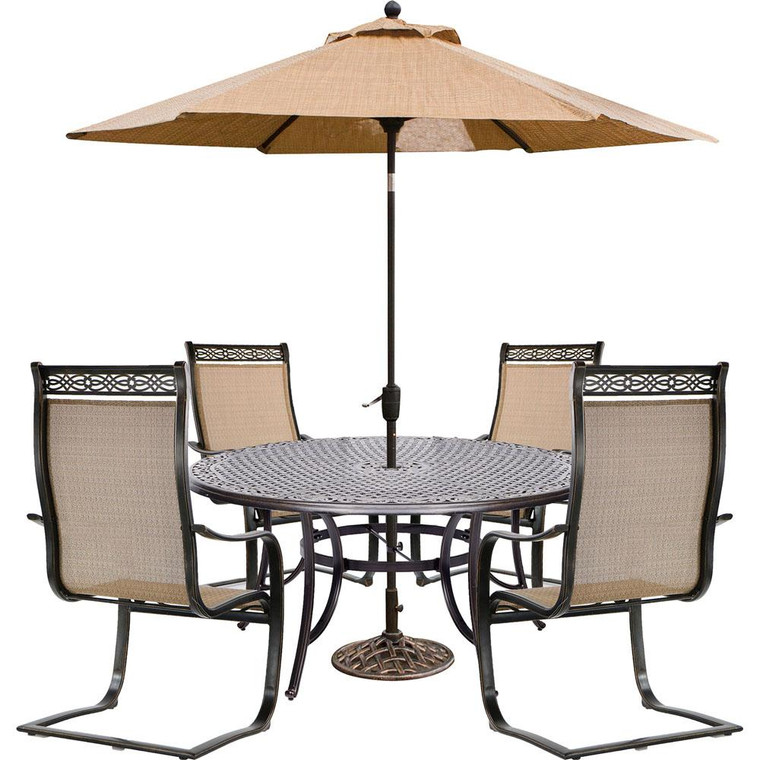 Manor 5 Piece (4 Spring Sling Chairs, 60" Round Cast Table, Umbrella, Base)