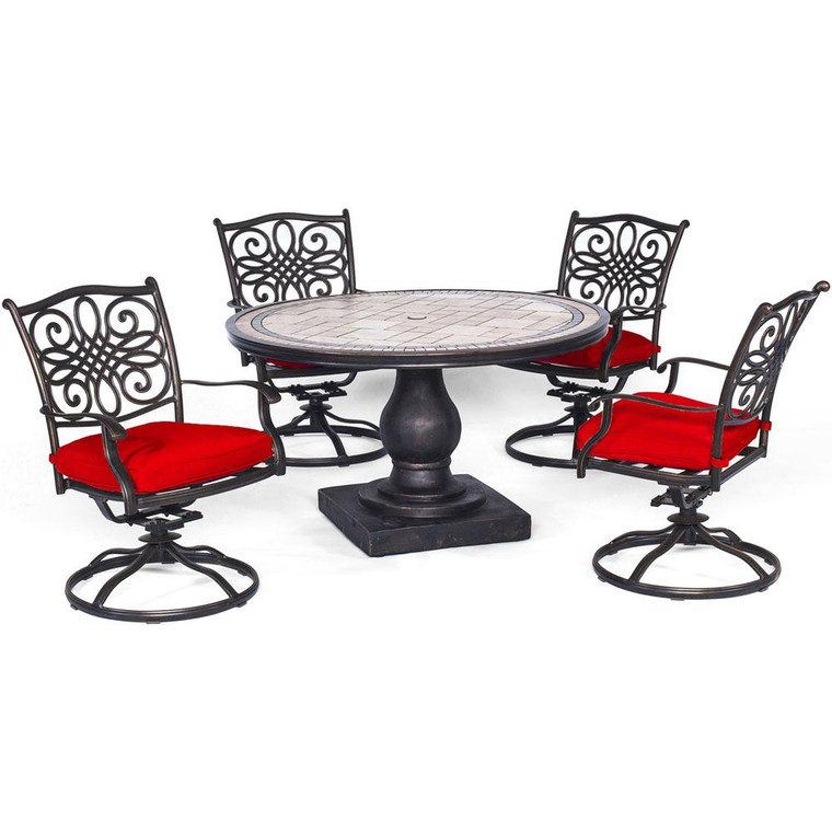 Monaco 5 Piece Dining Set ( 4 Cush Sling Swivel Rockers, 51" Round Tile Top Table) MONDN5PCSW-4-RED