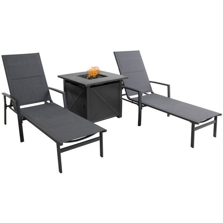Halsted 3 Piece Set: 2 Padded Lounge Chaises With Tile Top Fire Pit HALCHS3PCFP-GRY