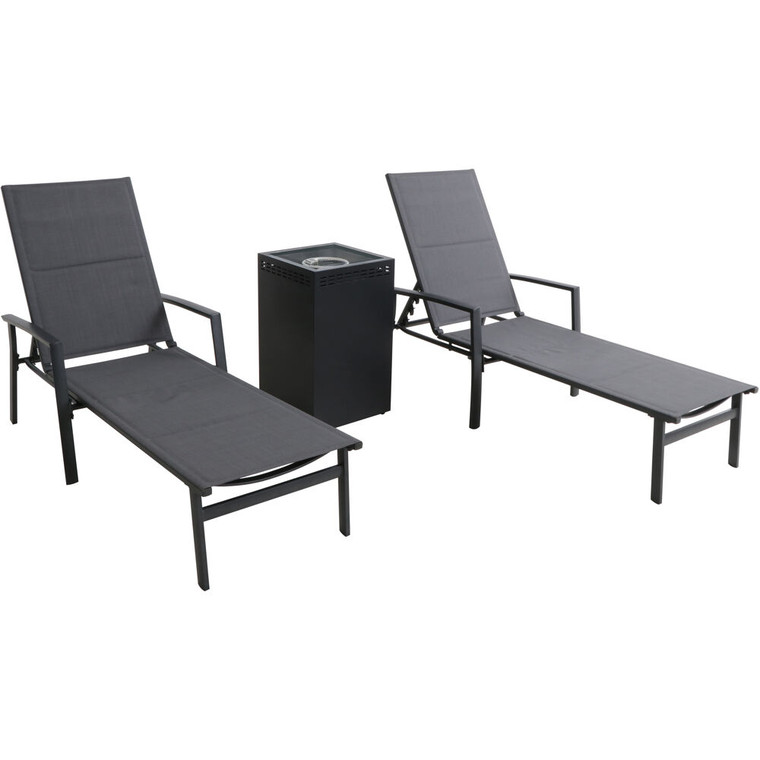 Halsted 3 Piece Set: 2 Padded Lounge Chaises With Glass Top Fire Pit HALCHS3PCGFP-GRY