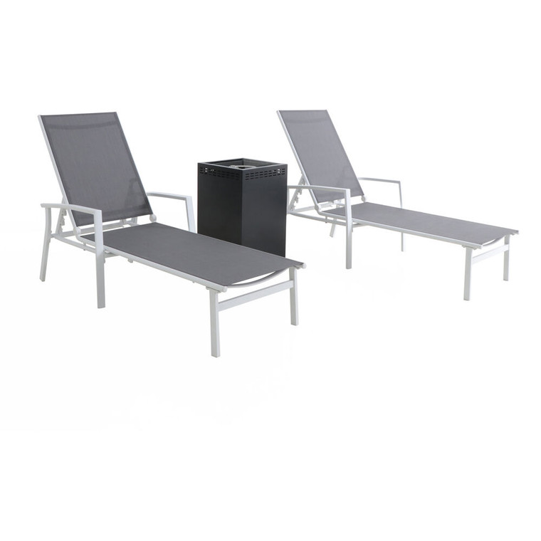 Naples 3 Piece Chaise Set: 2 Alum Chaise Lounges And Glass Top Fire Pit NAPCHS3PCGFP-WG