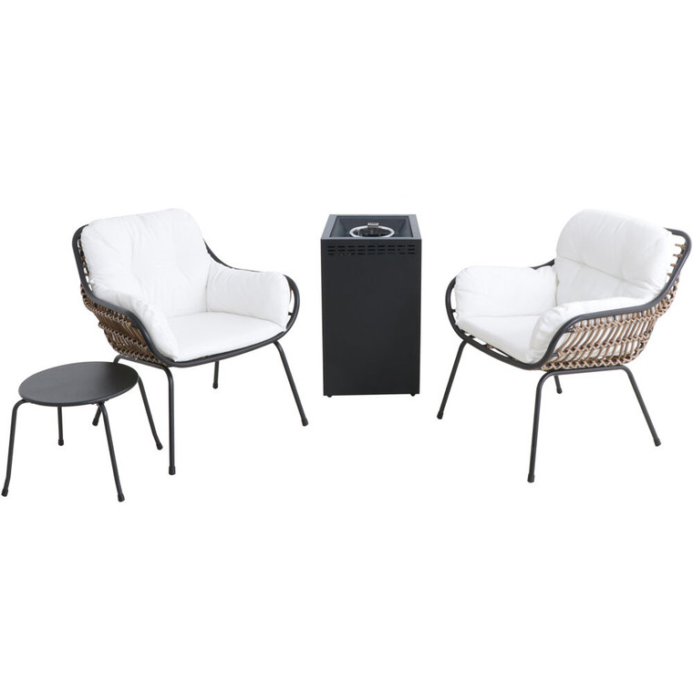 Naya 4 Piece Fire Pit: 2 Chairs With Pillows, Side Table, Glass Top Fire Pit NAYA4PCGFP-WHT