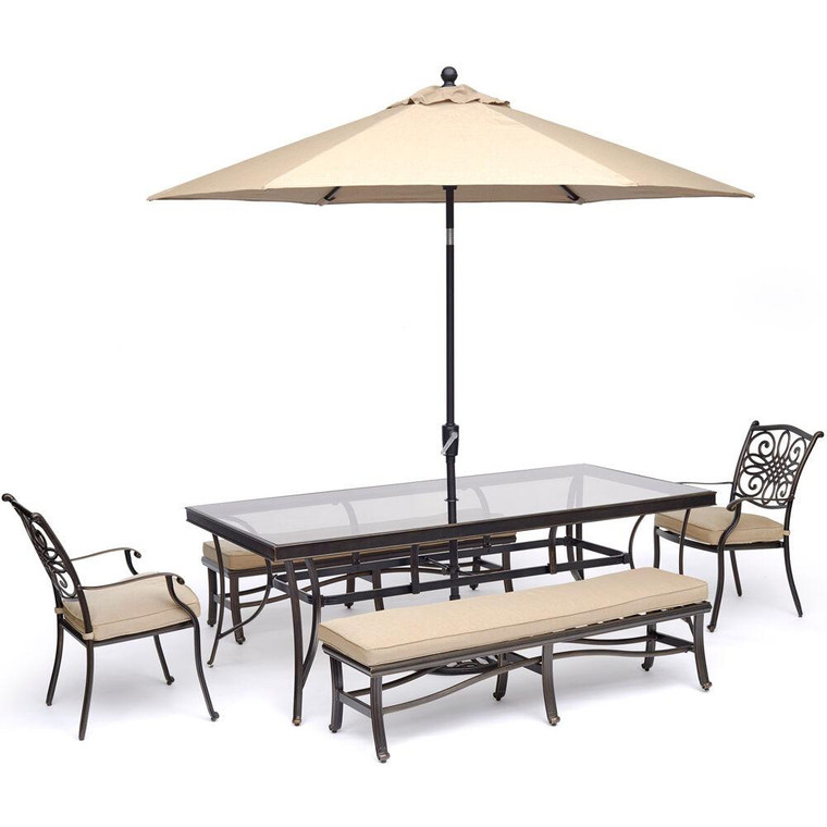 Traditions 5 Piece Dining Set (2 Dining Chrs, 2 Backless Bench, 42X84" Gls Tbl, Umb,Base) TRADDN5PCGBN-SU-T