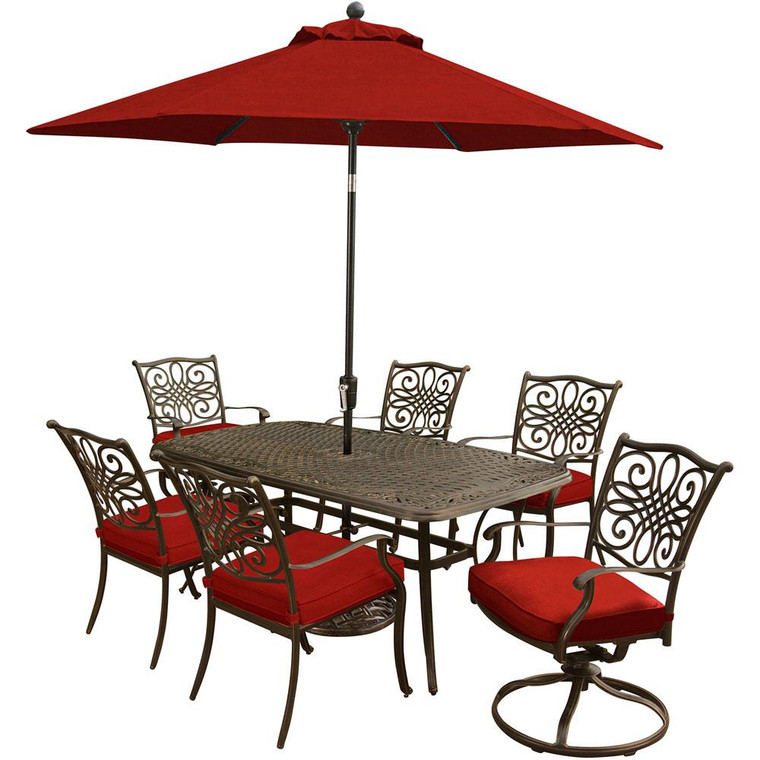 Traditions 7 Piece Dining Set (4 Dining Chairs, 2 Swvl Rockers, 38X72" Cast Tbl,Umb,Base) TRADITIONS7PCSW-SU-R