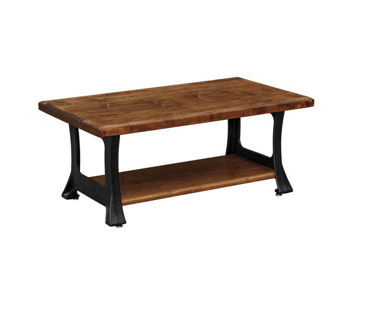 Coffee Table With Cast Iron Base Wormy Maple Top & Shelf 4224 By Forest Ridge Woodworking