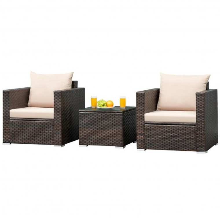 3 Piece Patio Conversation Rattan Furniture Set With Cushion HW66531BN+