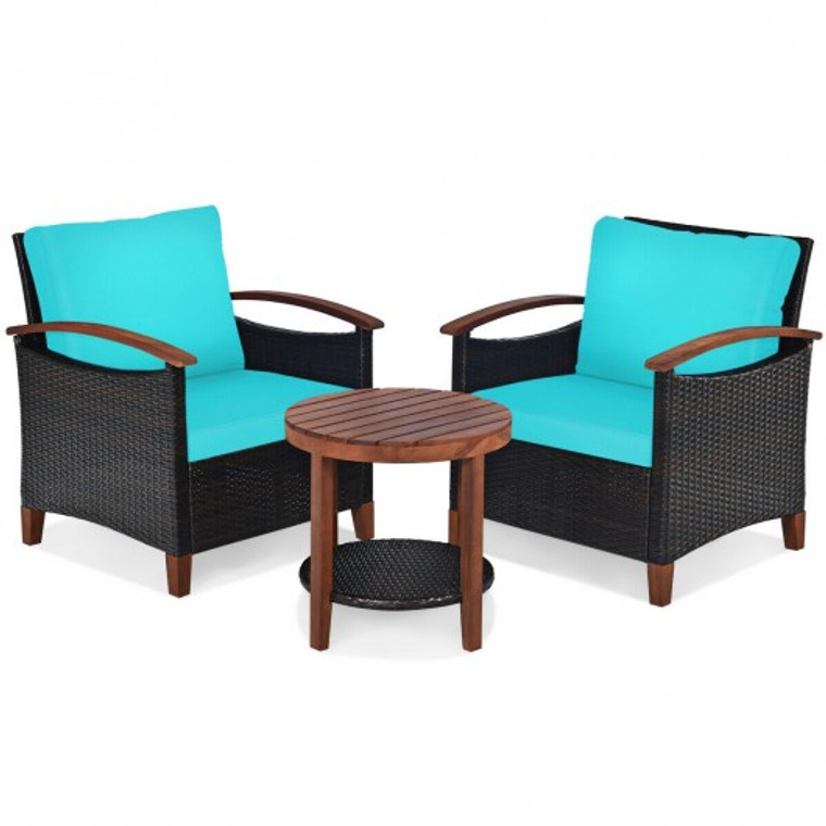 3 Piece Solid Wood Frame Patio Rattan Furniture Set-Turquoise HW65226TU