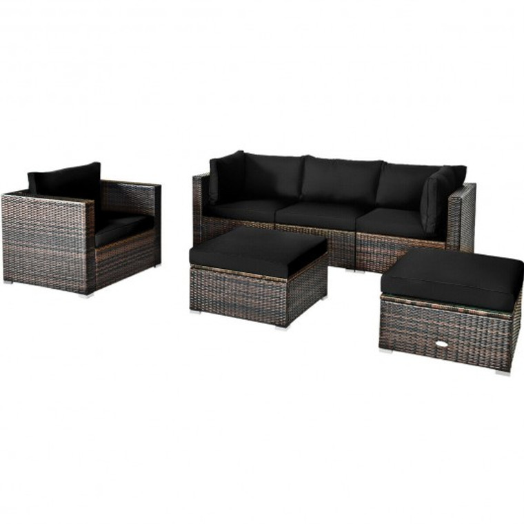 6 Piece Patio Rattan Furniture Set With Sectional Cushion-Black HW63877BK+