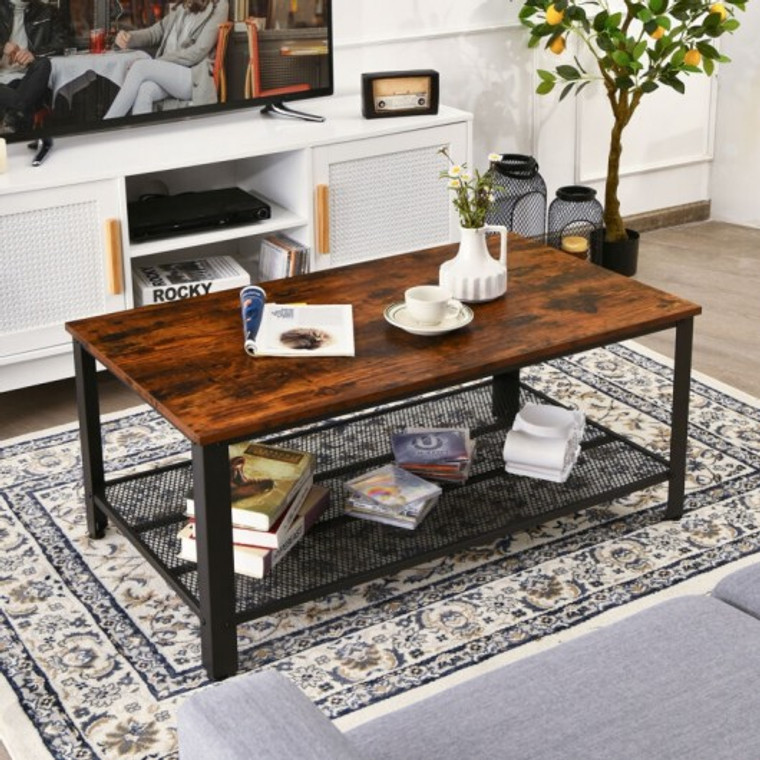 Metal Frame Wood Coffee Table Console Table With Storage Shelf-Rustic Brown HW61492FG