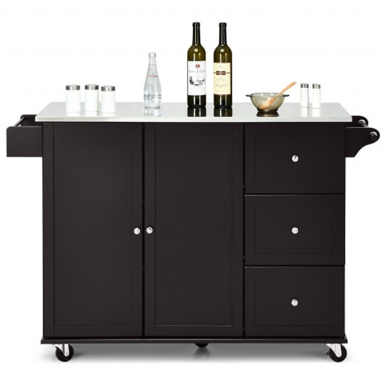 Kitchen Island 2-Door Storage Cabinet With Drawers And Stainless Steel Top-Black HW64505CF