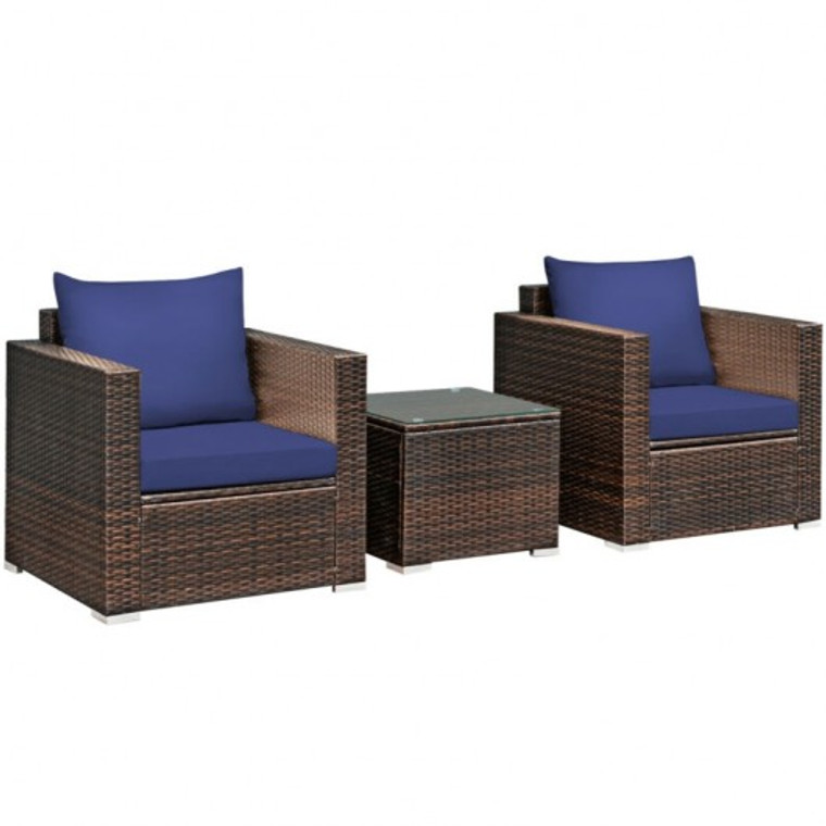 3 Piece Patio Conversation Rattan Furniture Set With Cushion-Blue HW66531NY+