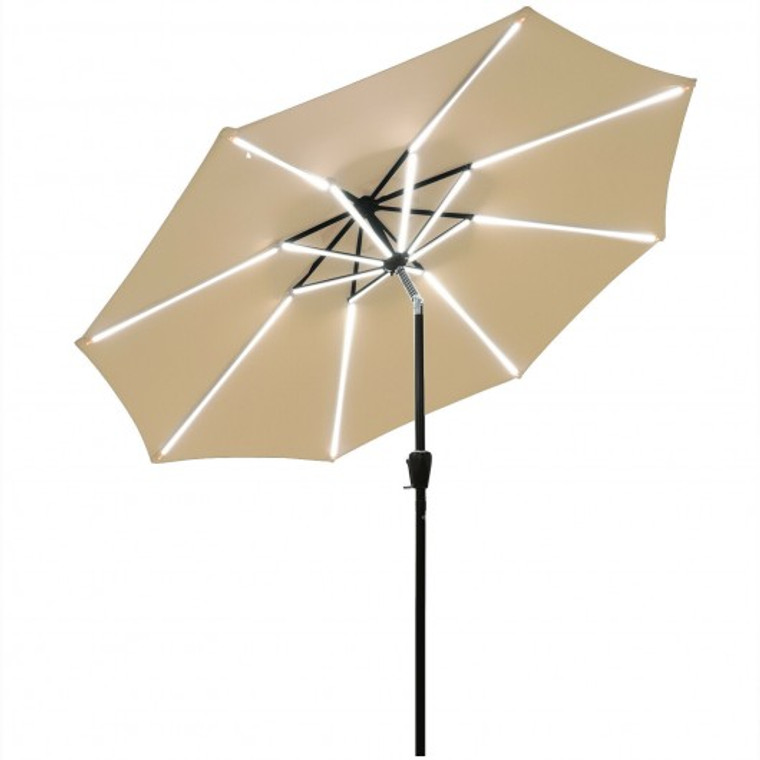 9Ft Solar Led Market Umbrella With Aluminum Crank Tilt 16 Strip Lights-Beige OP70682BE