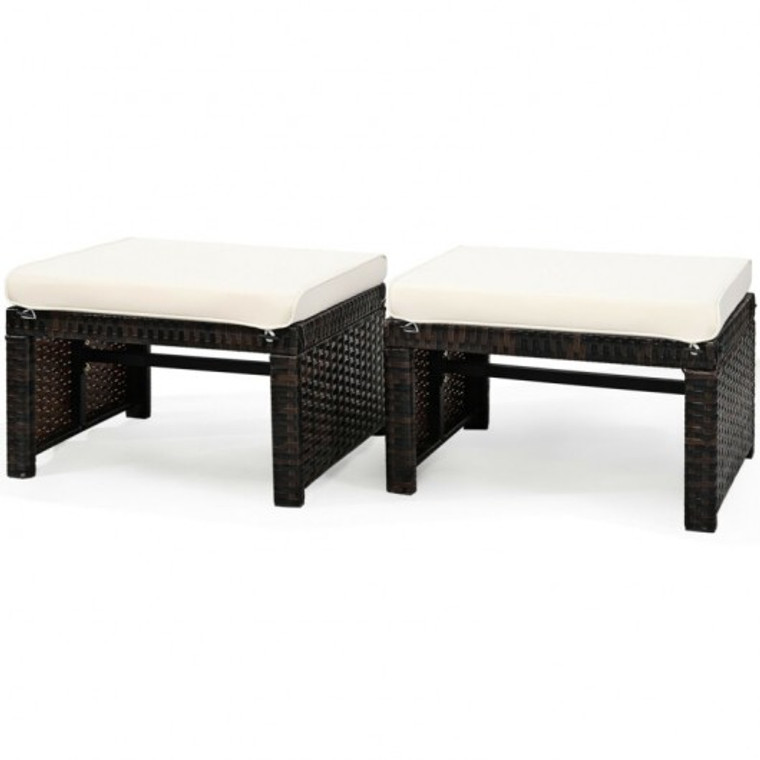 2 Pieces Cushioned Patio Rattan Ottoman Foot Rest-White HW67814WH